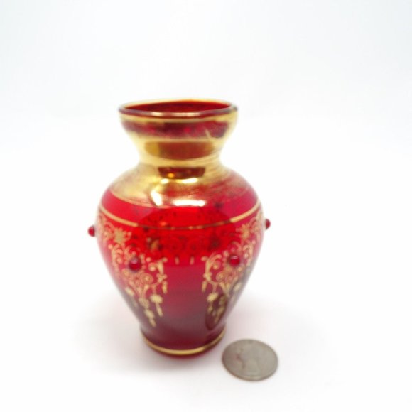 Vintage Hand Blown Red Glass Vase with Gold Design and Red Applied Glass Dots 4 - Picture 7 of 10